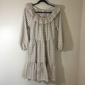 J Crew Dress Womens 4 Seersucker Gingham Tiered Pockets Off Shoulder Cottagecore